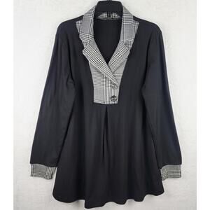 Women L Knit Top Long Sleeve Black Herringbone Pullover Babydoll Sweater Classic